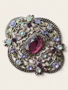 Antique Floral Filigree Brooch with Pink Center Stone And Purple Accents